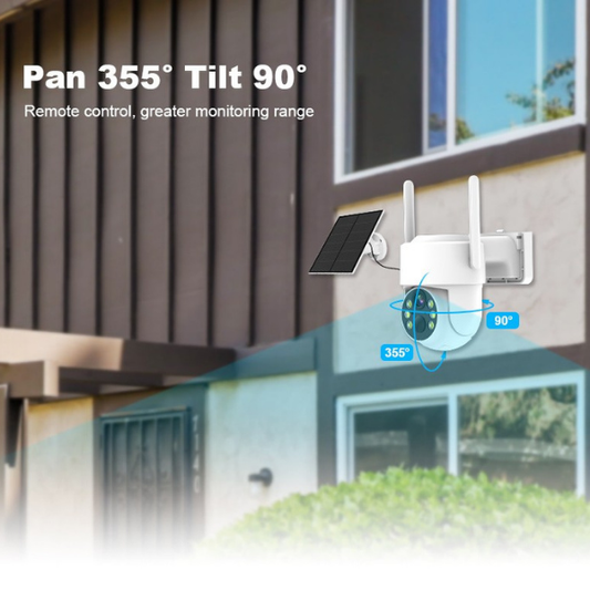 Outdoor security camera with solar panel on a building wall, showing pan and tilt capabilities.