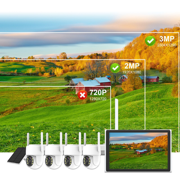 Wireless security camera system with a monitor displaying a scenic view of a rural landscape.