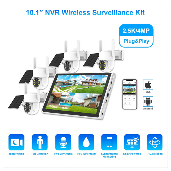Solar Powered Wireless Security Camera System 4Channel 3MP CCTV Kit with 10" NVR Monitor, WiFi IP Cameras, Night Vision, Outdoor Home Surveillance