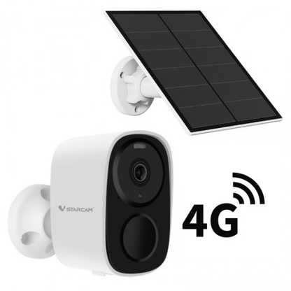 Solar-powered security camera with 4G connectivity on a white background
