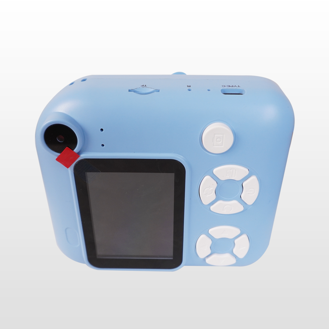 Blue children's camera with a screen on a white background